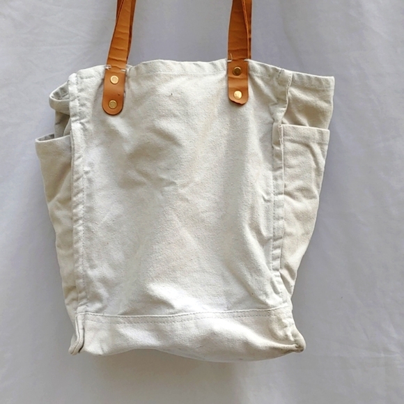 Canvas FEED project tote, lots of pockets, leather straps, inside zip pocket - Picture 6 of 11